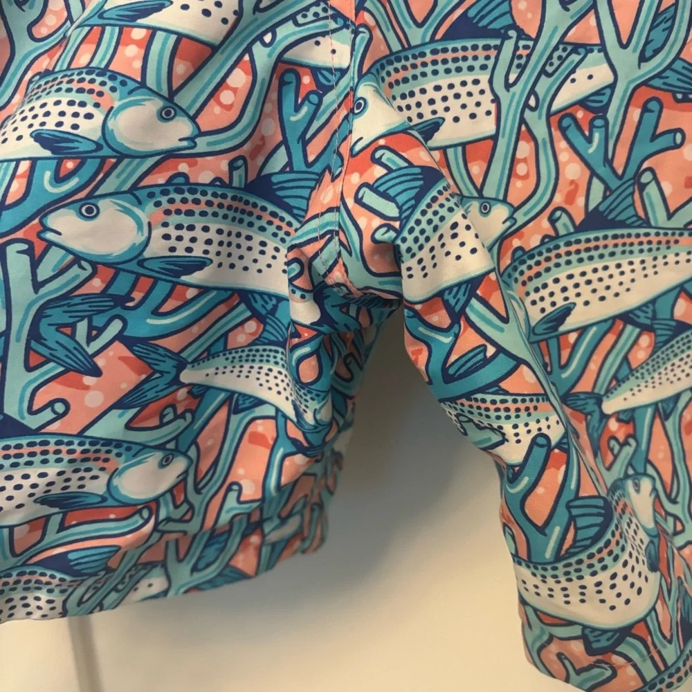 Vineyard Vines Blue and Coral Fiah Swim Trunks